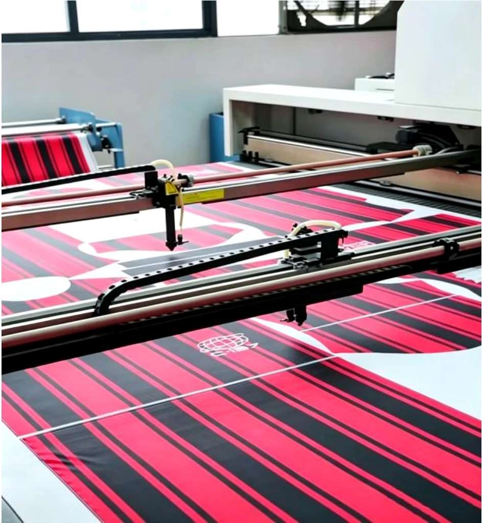 Red digital printed fabric on production table