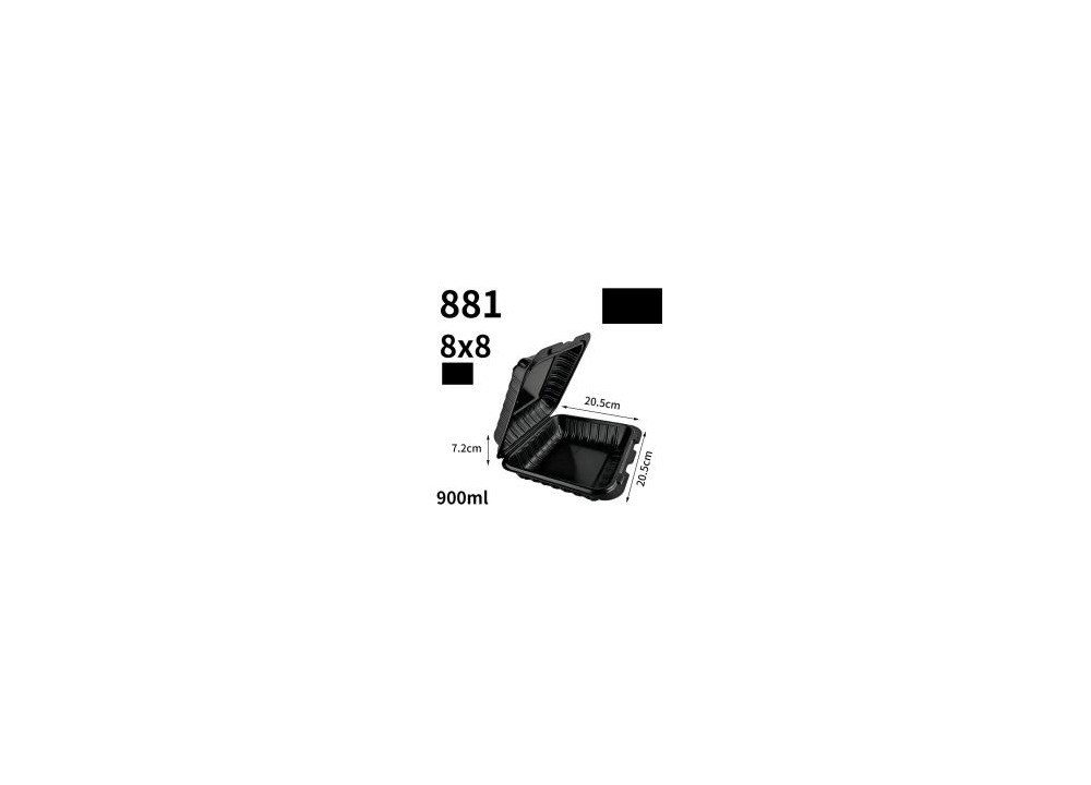 Black hinged takeout container size reference