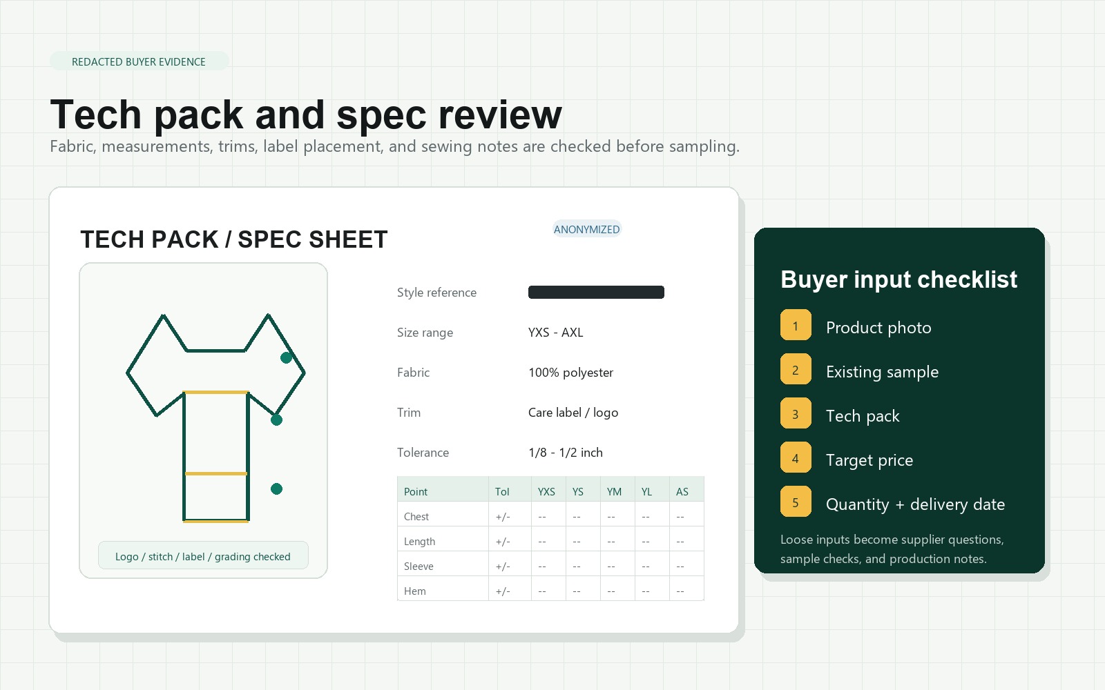 Anonymized apparel tech pack and measurement specification review
