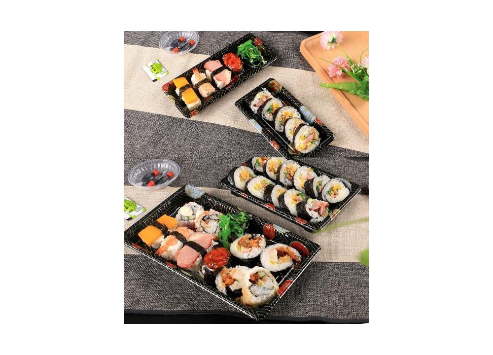 Clear sushi tray packaging with prepared sushi